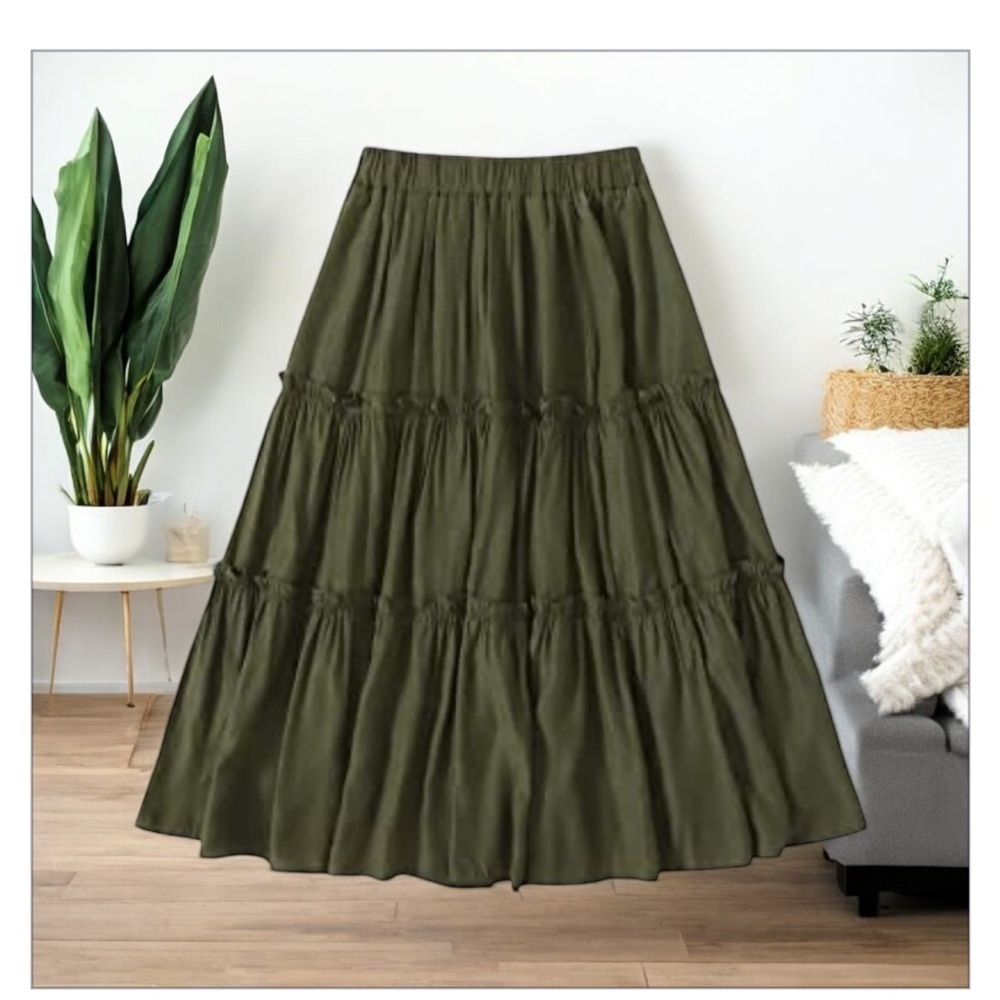 Boutique -Olive Green Tier Ruffle Hem Layer
Maxi Skirt-NWOT-Sz L-Boho-Gypsy - Picture 6 of 11